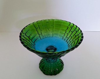 Vintage Jeannette Glass Blue-Green Flashed Compote - Floral Louisa Center - Two Tone Pedestal Bowl