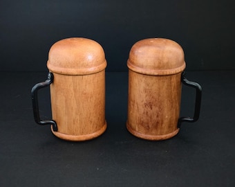 MCM Wood Salt and Pepper Shakers: Vintage Beer Stein Design