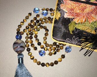 Teal Blue and Chocolate Brown 108 Tiger's Eye Gemstone Mala with Teal Silky Tassel