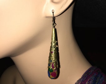 Multicolor Quartz Earrings with Brass Filigree and Niobium Ear Wires