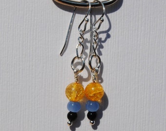 Gold Blue and Black Glass Bead Dangle Earrings