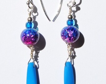 Gorgeous Colorful Blue Purple and Pink Glass Malt Ball Dangle Earrings