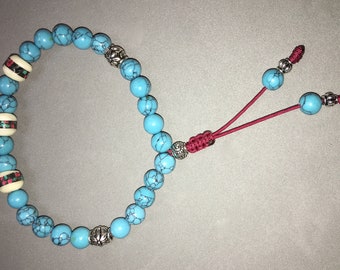 Adjustable Mala Bracelet Turquoise Howlite, Tibetan Beads, Silver Accent Beads