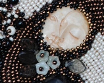 Petrified Wood and Hand Carved Bone Sun Moon Face Cabochon Peyote Stitch Necklace