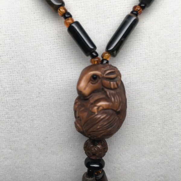 Goat Ram Carved Wood Ojime Bead Long Necklace