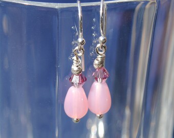 Pink Glass Teardrop Earrings with Hill Tribe Silver and Pink Swarovski Crystal Beads