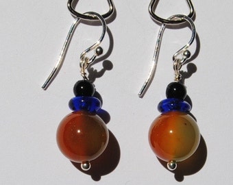 Translucent Green and Orange Agate Gemstone Earrings with Onyx Accents