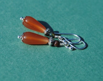 Peach Glass Bead Teardrop Earrings with Agate and Silver Accent Beads