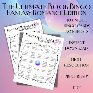 Könnte beinhalten: Zwei Fantasy Romance Book Bingo-Karten mit einem lila und weißen Design. Die Karten enthalten Bingofelder mit Sätzen wie "Dark lord romance" und "Magical object quest". Der Text "The Ultimate Book Bingo Fantasy Romance Edition" steht oben. Das Bild enthält auch den Text "Instant Download" und "Print-Ready".