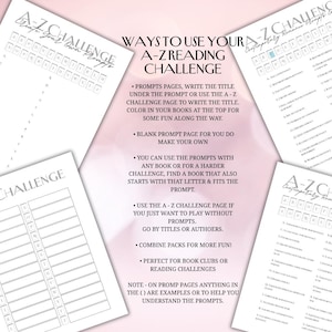 K&ouml;nnte beinhalten: Druckbare Seiten f&uuml;r die A-Z-Lese-Challenge. Das Bild zeigt mehrere wei&szlig;e Seiten mit Text und Aufforderungen f&uuml;r eine Lese-Challenge. Die Seiten sind kreisf&ouml;rmig angeordnet, mit dem Text "So verwenden Sie Ihre A-Z-Lese-Challenge".