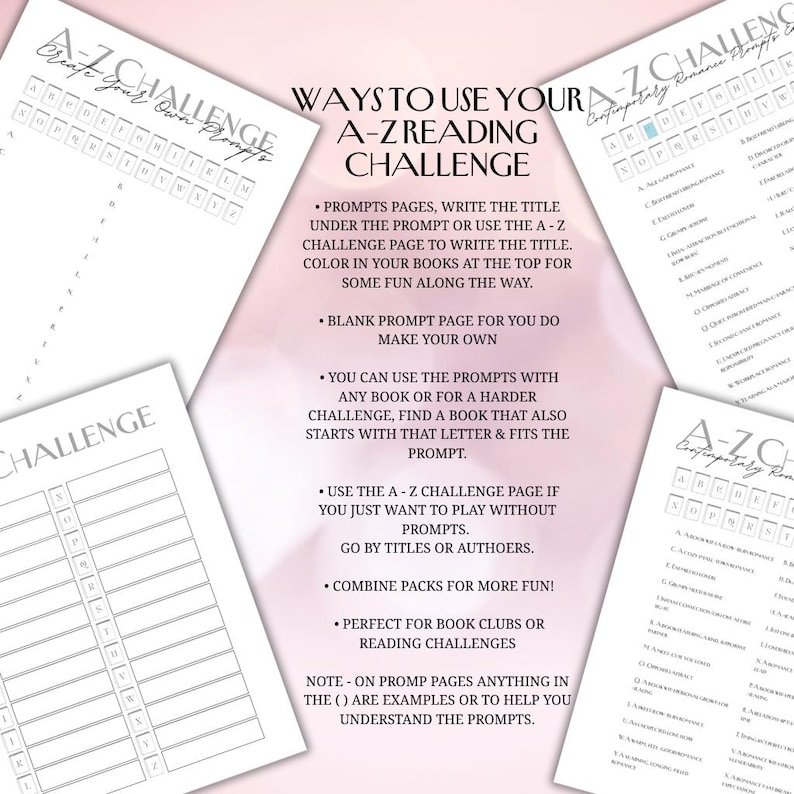 K&ouml;nnte beinhalten: Druckbare Seiten f&uuml;r die A-Z-Lese-Challenge. Das Bild zeigt mehrere wei&szlig;e Seiten mit Text und Aufforderungen f&uuml;r eine Lese-Challenge. Die Seiten sind kreisf&ouml;rmig angeordnet, mit dem Text "So verwenden Sie Ihre A-Z-Lese-Challenge".