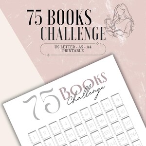 Può includere: Un foglio stampabile della sfida dei 75 libri con sfondo rosa chiaro. Il titolo "75 BOOKS CHALLENGE" è in alto. Sotto c'è una griglia con icone di libri numerate. È incluso anche il testo "US LETTER - A5 - A4 PRINTABLE".