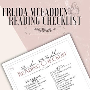 May include: A printable Freida McFadden reading checklist in US Letter, A5, and A4 sizes. The design features the author's name and a list of her novels, including "The Housemaid" series. The background is a soft pink.