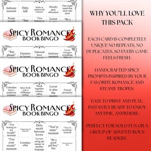 May include: A game of Spicy Romance Book Bingo with various prompts like "Jealousy moment" and "Dirty talk." The game includes a red chili pepper graphic and text that reads "Why You'll Love This Pack."