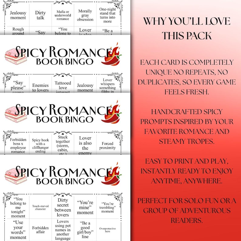 May include: A game of Spicy Romance Book Bingo with various prompts like "Jealousy moment" and "Dirty talk." The game includes a red chili pepper graphic and text that reads "Why You'll Love This Pack."