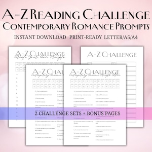 K&ouml;nnte beinhalten: A-Z Reading Challenge Contemporary Romance Prompts Druckvorlage. Das Bild zeigt mehrere wei&szlig;e Seiten mit dem Text "A-Z Challenge" und Aufforderungen zum Lesen. Die Seiten sind in einem Stapel angeordnet, mit dem Text "Instant Download Print-Ready Letter/A5/A4".