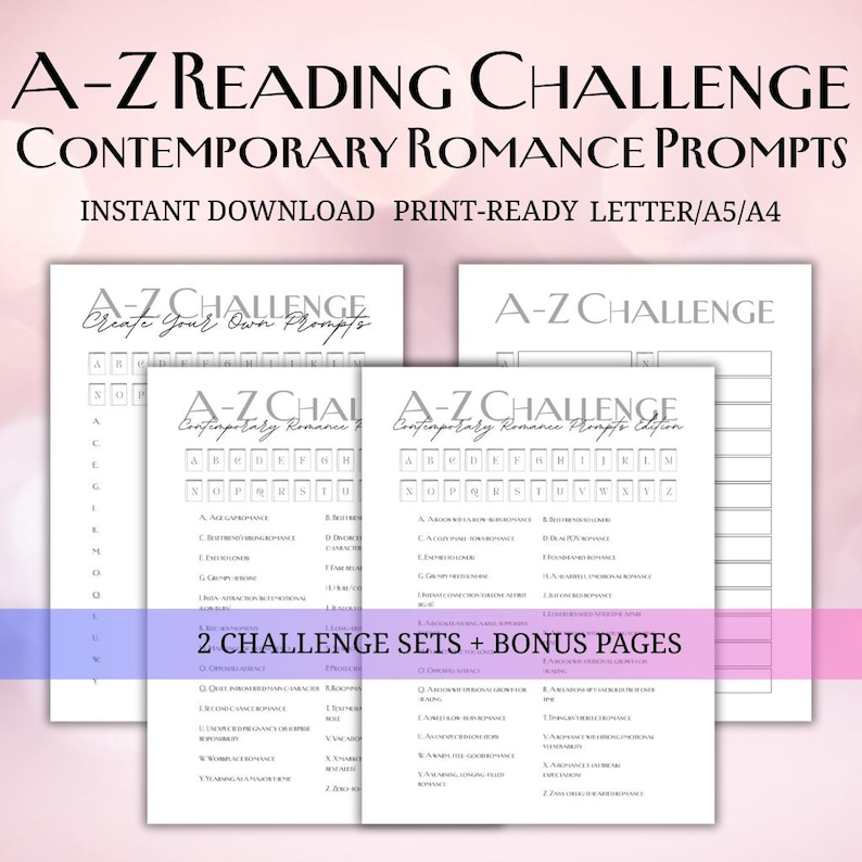 K&ouml;nnte beinhalten: A-Z Reading Challenge Contemporary Romance Prompts Druckvorlage. Das Bild zeigt mehrere wei&szlig;e Seiten mit dem Text "A-Z Challenge" und Aufforderungen zum Lesen. Die Seiten sind in einem Stapel angeordnet, mit dem Text "Instant Download Print-Ready Letter/A5/A4".