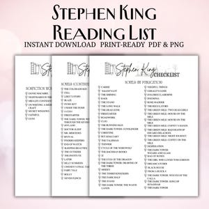 Peut inclure: Un document numérique blanc intitulé Stephen King Reading List and Checklist, présentant une liste de romans par date de publication et d'ouvrages non romanesques. Chaque titre est précédé d'une petite icône d'ampoule, organisée en colonnes.