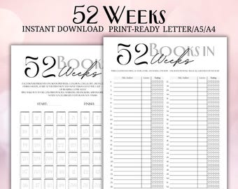 52 Books in 52 Weeks Challenge | Printable Reading Tracker & Log | Letter, A4, A5 Sizes