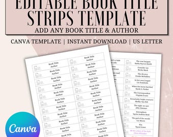 Modèle de bandeaux de titres de livres modifiables pour Canva | Bandeaux de titres de livres à imprimer pour bocal à livres | Ajoutez n'importe quel livre et auteur | Format Lettre US, téléchargement instantané