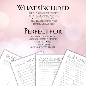 K&ouml;nnte beinhalten: Wei&szlig;e A-Z-Leseprompt-Seiten mit Text, einschlie&szlig;lich "What's Included" und "Perfect For". Die Prompts sind f&uuml;r Lese-Challenges, Buchjournale und TBR-Planung. Das Bild enth&auml;lt A4- und A5-Formate.