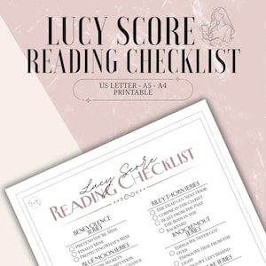 May include: A printable Lucy Score reading checklist on a light pink background. The document features a list of book series including Benevolence, Riley Thorn, and Knockemout, with checkboxes next to each title. Text includes US Letter, A5, A4.