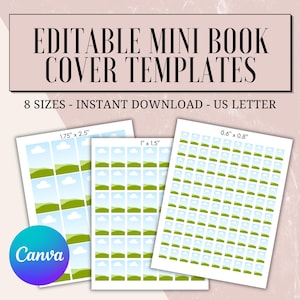 May include: Editable mini book cover templates featuring the text EDITABLE MINI BOOK COVER TEMPLATES, 8 SIZES - INSTANT DOWNLOAD - US LETTER. Three sheets display grids of small landscape illustrations with green hills and blue skies, labeled 1.75" x 2.5", 1" x 1.5", and 0.6" x 0.8".