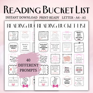 Könnte beinhalten: Eine druckbare Reading Bucket List mit 40 Aufgaben, in Schwarzweiß mit rosa Akzenten. Die Liste enthält Aufgaben wie „Lies ein Buch mit einer Farbe im Titel“ und „Lies ein Buch mit einem unvergesslichen Bösewicht“.
