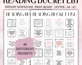 May include: A printable Reading Bucket List with 40 prompts, in a black and white design with pink accents. The list includes prompts like "Read a book with a color in the title" and "Read a book with an unforgettable villain."
