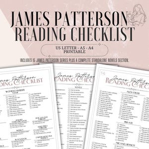 May include: A James Patterson reading checklist printable document featuring black text on white paper. The layout includes series titles like Women's Murder Club, Alex Cross, and Private, with checkboxes for tracking novels in US Letter, A5, and A4 sizes.