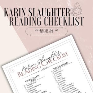 Könnte beinhalten: Eine druckbare Leseliste für Karin Slaughter-Bücher. Das Design zeigt den Namen des Autors und den Titel "Reading Checklist". Die Liste enthält Serien wie Grant County und Will Trent.