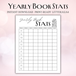 May include: A printable yearly book stats chart with the title "Yearly Book Stats" at the top. The chart includes columns for book titles, pages, physical books, e-books, audiobooks, and re-reads. The months of the year are listed down the side.