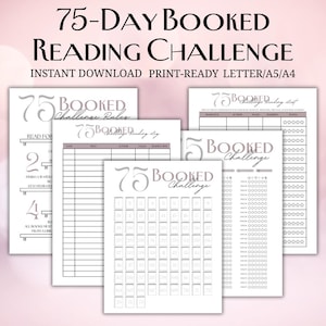 Op de afbeelding: Een verzameling afdrukbare sjablonen voor leesuitdagingen. Het ontwerp toont de tekst "75-Day Booked Reading Challenge". De sjablonen bevatten leeslogboeken, regels en een checklist om de voortgang bij te houden. Het kleurenschema is voornamelijk wit en grijs.