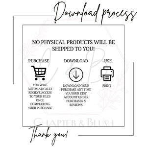 May include: A black and white graphic illustrating the download process for digital products. The text includes "Download process", "Purchase", "Download", and "Use". The image also includes the text "Chapter & Blush" and "Thank you!"