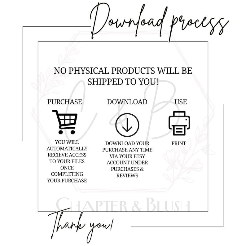 May include: A black and white graphic illustrating the download process for digital products. The text includes "Download process", "Purchase", "Download", and "Use". The image also includes the text "Chapter & Blush" and "Thank you!"