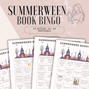 May include: A Summerween Book Bingo printable game sheet set in US Letter, A5, and A4 sizes. The design features a black and white line art illustration of a person reading with a mug, and a grid with spooky themes like haunted houses and ghosts.