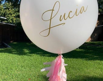 Personalized Jumbo Balloon- Large Balloon, Fringe Tail, Custom Vinyl Sticker