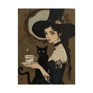 魅惑的な魔女のロールポスター - 室内装飾用の魔法のアート、猫好きの方へのユニークなギフト、ハロウィン、不気味なテーマ、魔女の美学