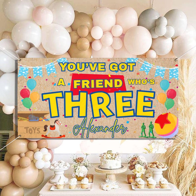 CUSTOMIZABLE You’ve Got A Friend Who’s Three, Toy Story Third Birthday Banner, Toy Story Inspired Birthday, Personalized Banner Boy Color Scheme