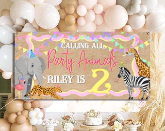 Tema de cumpleaños de animales de fiesta, estética circense, divertido y brillante, para cualquier edad, niño y niña llamando a todos los animales de fiesta, pancarta personalizable