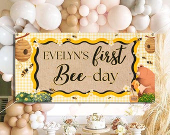 Aanpasbare eerste verjaardagsbanner voor bij, esthetisch thema honingbij, decor beer en bloemen, trending, bijendag, verjaardagsfeestje bij
