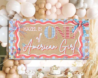 CUSTOMIZABLE One All American Girl Birthday Vinyl Banner, First Birthday Theme, Fireworks, Gingham, Bows, Girly