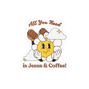 Smiley Face Jesus and Coffee Kiss-Cut Vinyl Decals Sticker, Sun Aesthetic Decal, Funny Car Laptop Decal, Christian Religious Faith Gift,