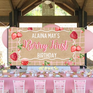 Customizable Berry First Birthday Banner, strawberries and floral design, trending birthday theme, first birthday theme Vinyl Banners