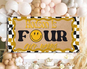 Customizable Four Ever Young 4th Birthday Banner, Smiley Face, Trendy Party Decor, Checkered Board, Vinyl Banners, Retro Groovy Skater Theme