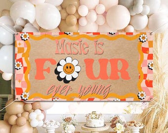 Customizable Four Ever Young 4th Birthday Banner, Smiley Face, Trendy Party Decor, Checkered Board, Vinyl Banners, Retro Groovy Skater Theme