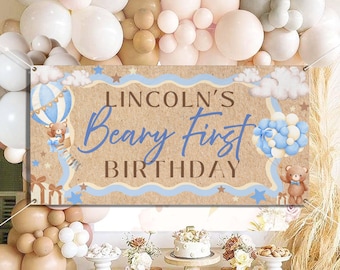 CUSTOMIZABLE Beary First Birthday Banner, First Birthday Theme, Bear Theme Hot Air Balloon Clouds, Trending