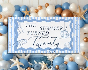 Jolie bannière sur le thème L'été que j'ai transformé, décoration de fête esthétique côtière, âge personnalisé, thème tendance de l'été, bannière boule disco,