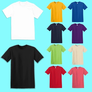 May include: A collection of blank t-shirts in various colors, including white, yellow, blue, navy, purple, black, green, beige, red, and pink. The shirts are displayed on a light blue background.