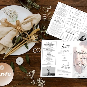 May include: A wedding table setting with a white plate, gold cutlery, and a beige napkin tied with twine. Wedding stationery includes a wedding timeline, guest list, and a thank you card. The Canva logo is visible.